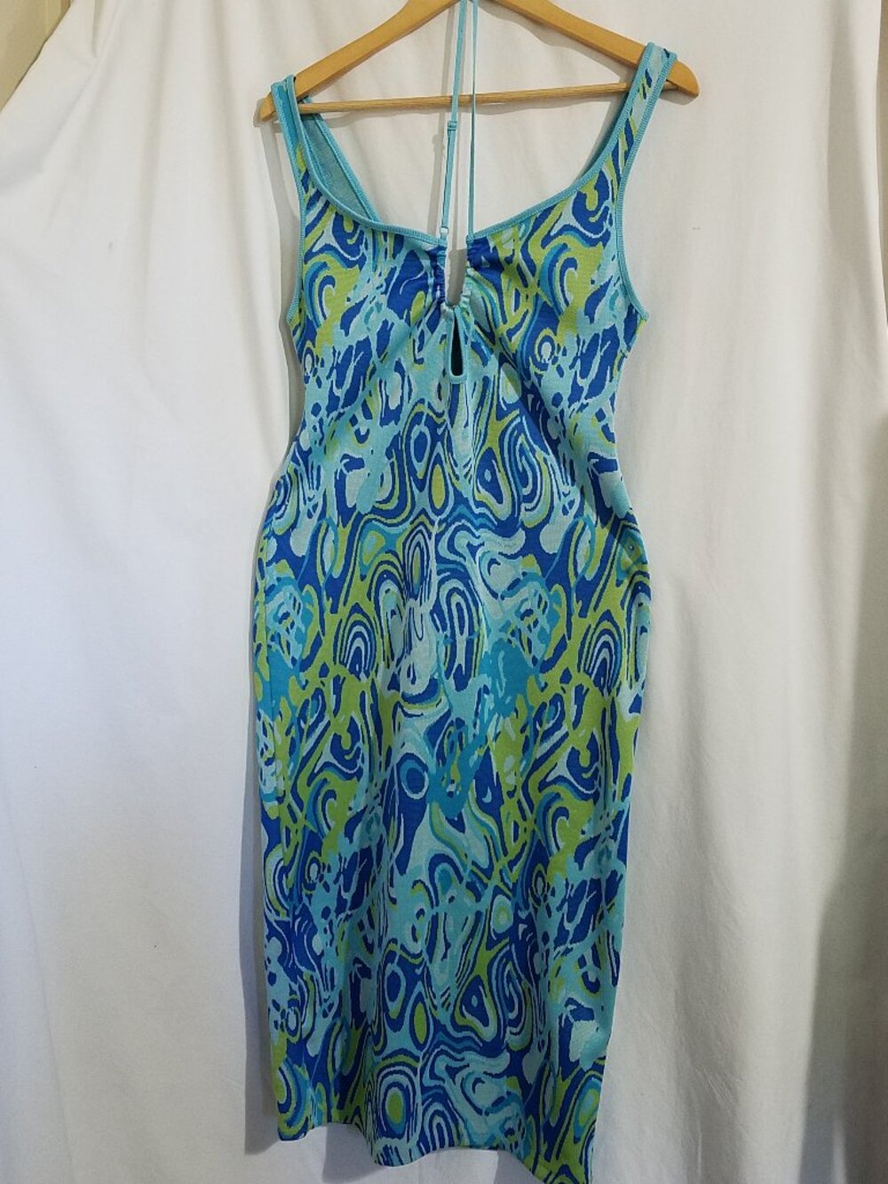 Zara Cut Out Jacquard Dress Size L Blue Green Water Tones Bodycon Midi Elegant L